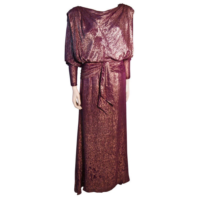 Nolan Miller Purple and Bronze Iridescent Draped Gown For Sale