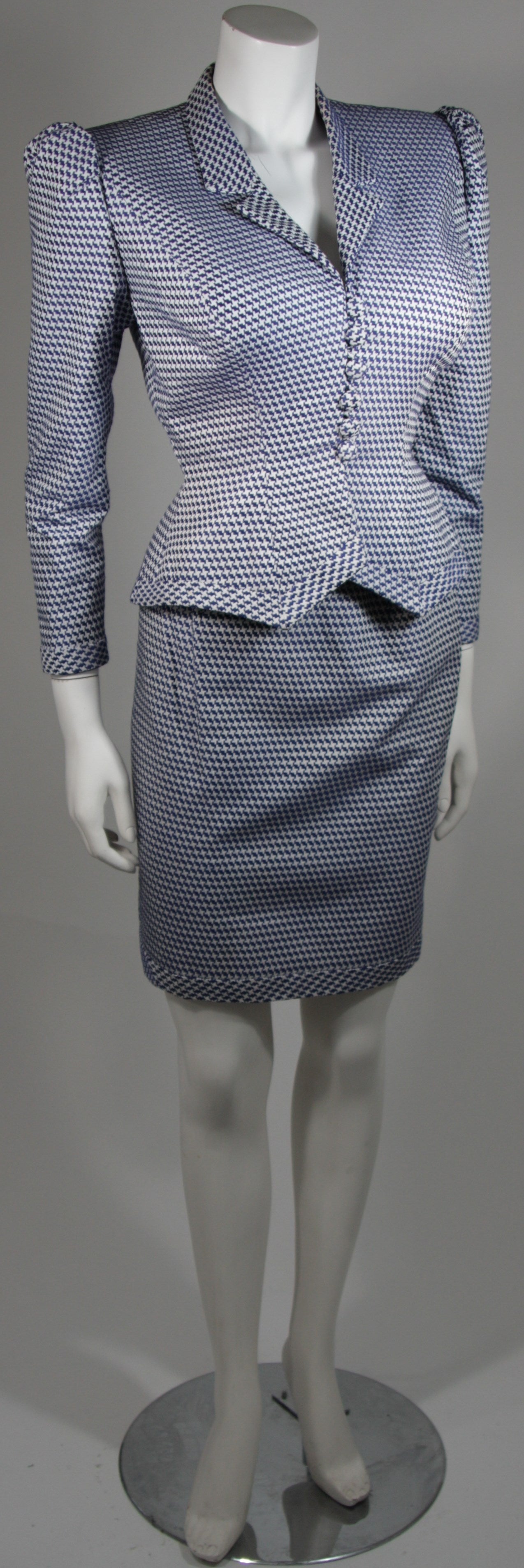 Gray Leon Paule Sculptural Royal Blue & White Fitted Houndstooth Jacket & Skirt Suit