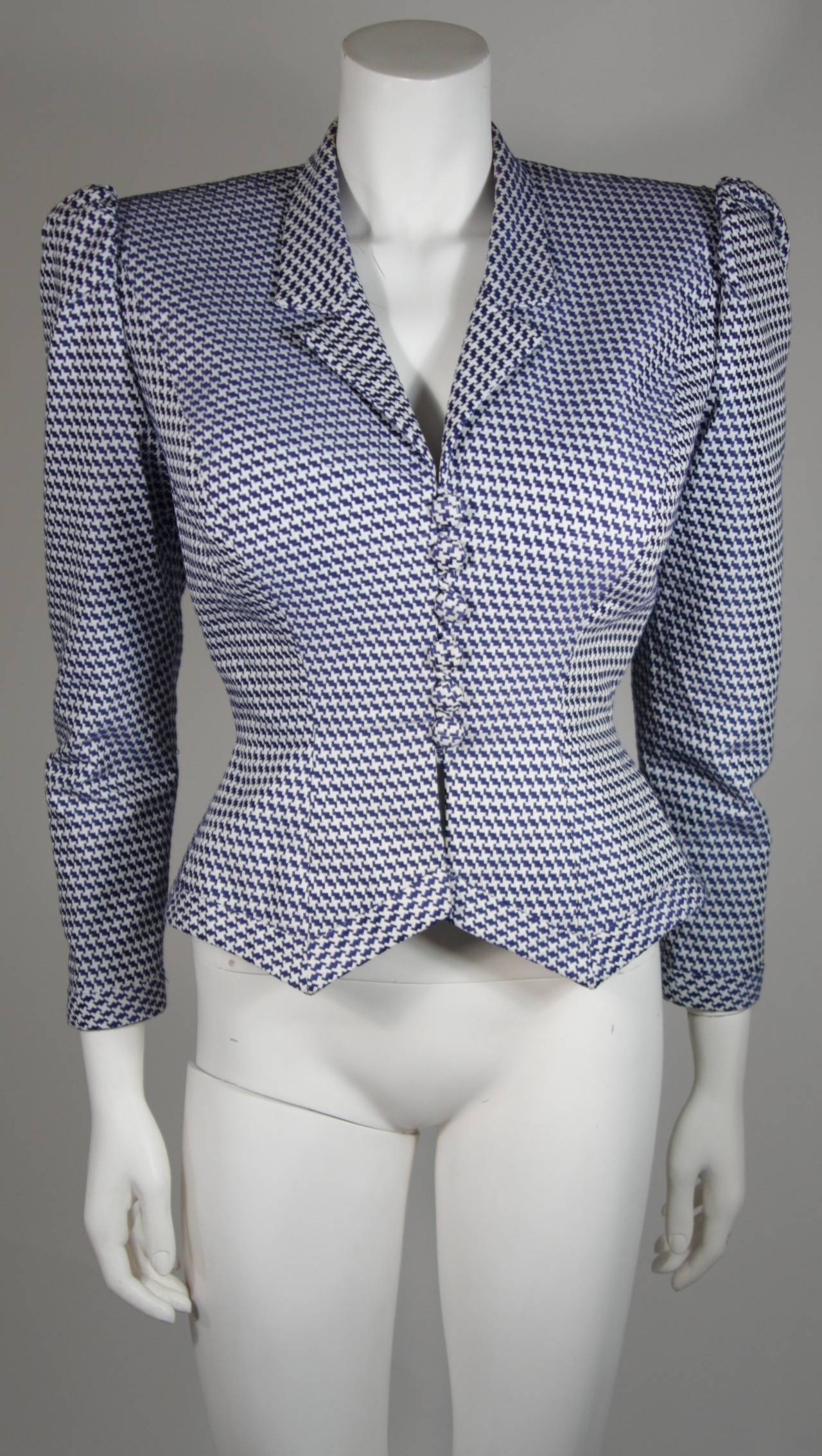 Leon Paule Sculptural Royal Blue & White Fitted Houndstooth Jacket & Skirt Suit 2