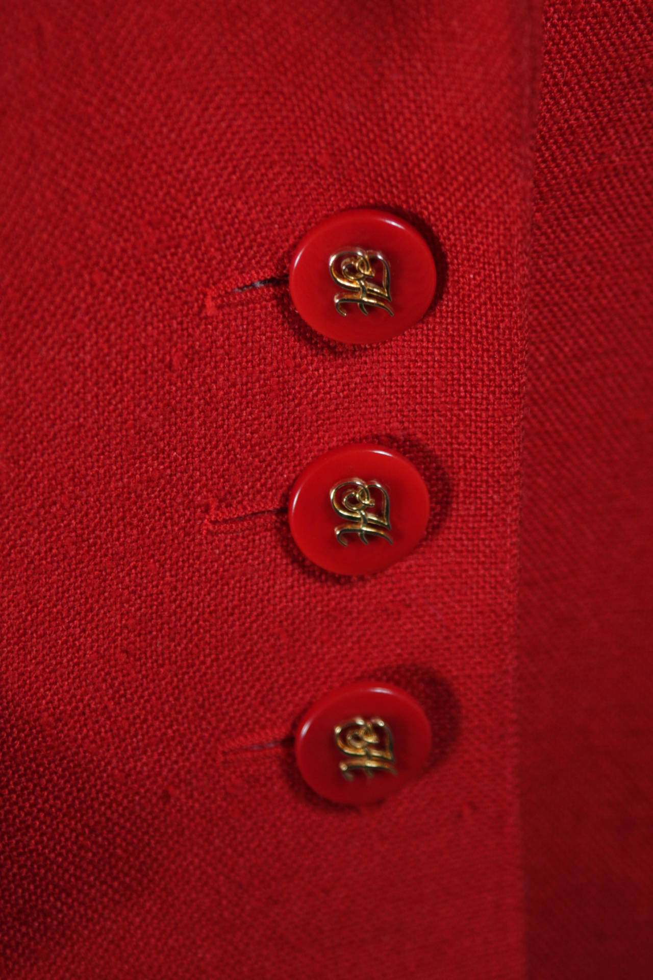 Hermes Two Piece Red Linen Skirt Suit with Short Sleeve Jacket with H buttons 42 4