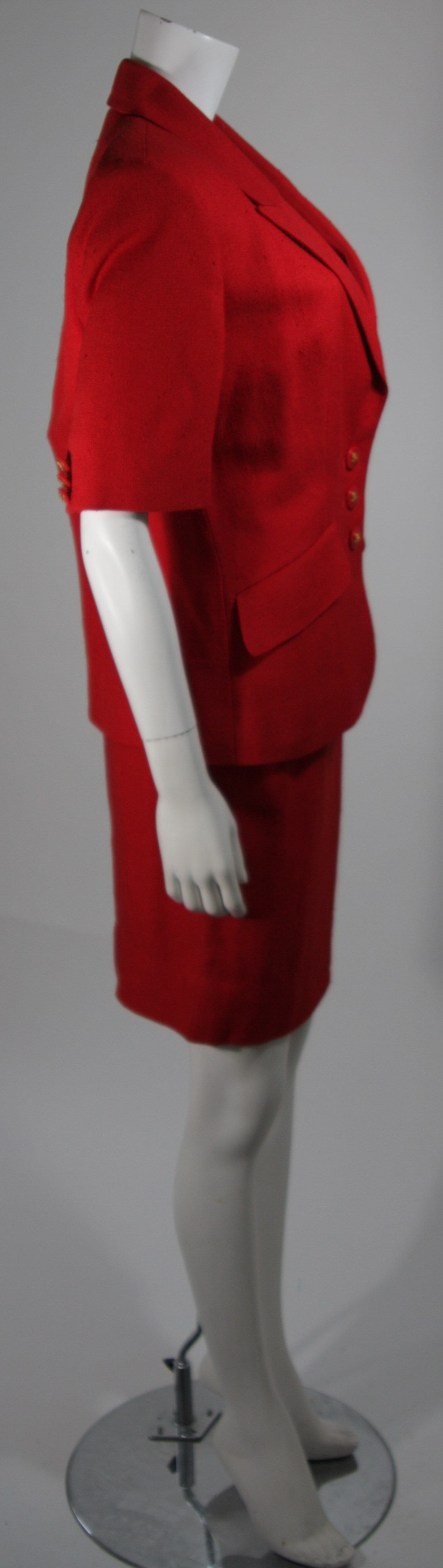 Hermes Two Piece Red Linen Skirt Suit with Short Sleeve Jacket with H buttons 42 1