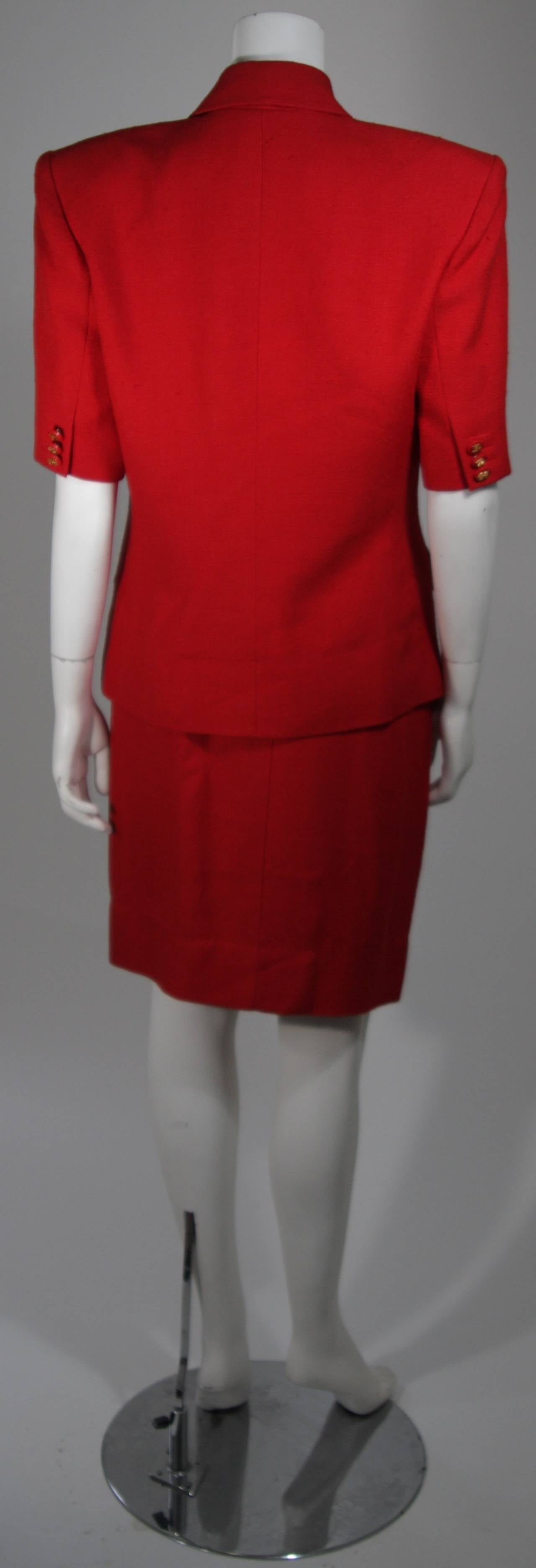 Hermes Two Piece Red Linen Skirt Suit with Short Sleeve Jacket with H buttons 42 2