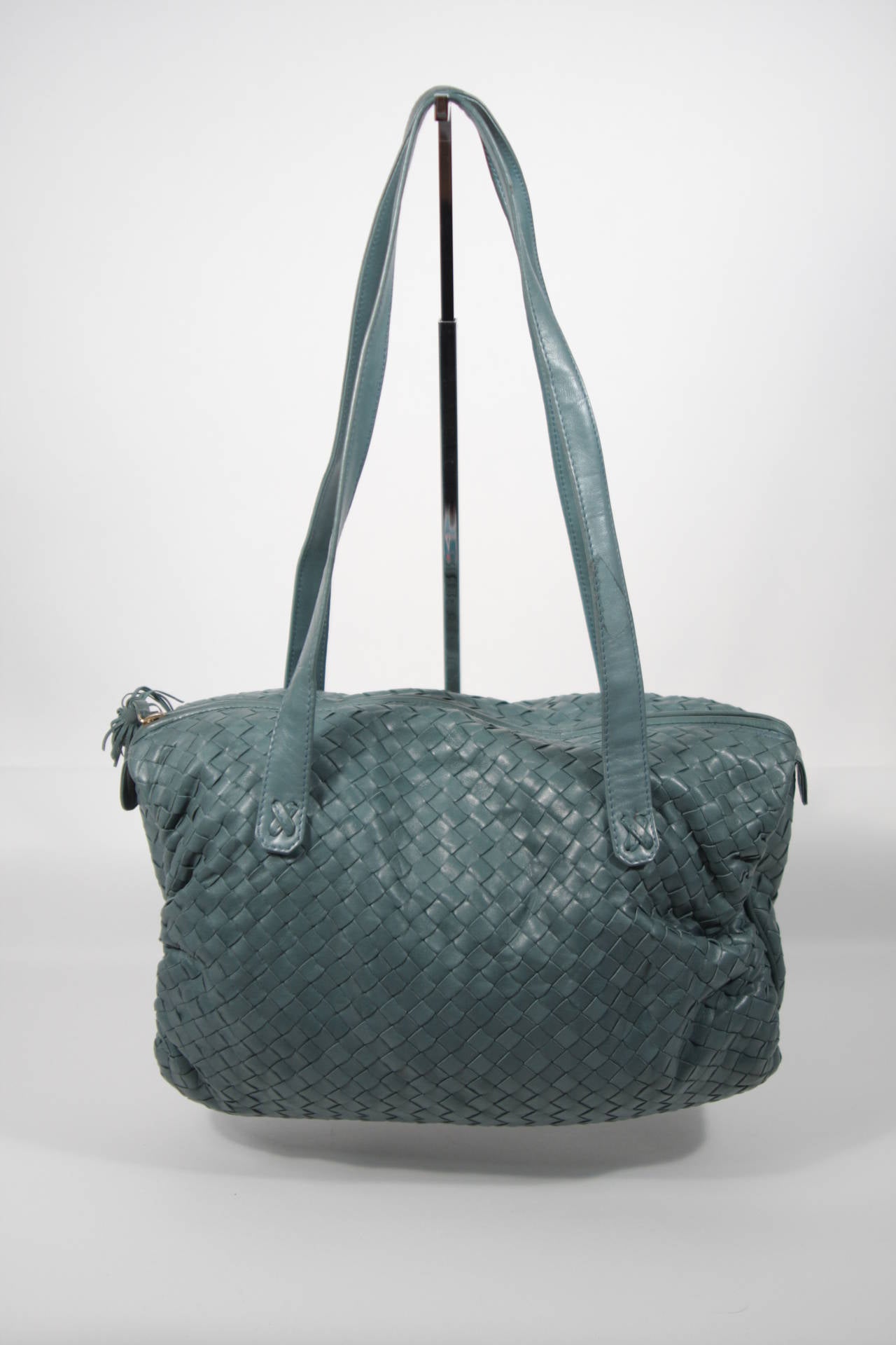 Bottega Veneta Light Teal Blue Woven Barrel style Leather Handbag In Excellent Condition In Los Angeles, CA