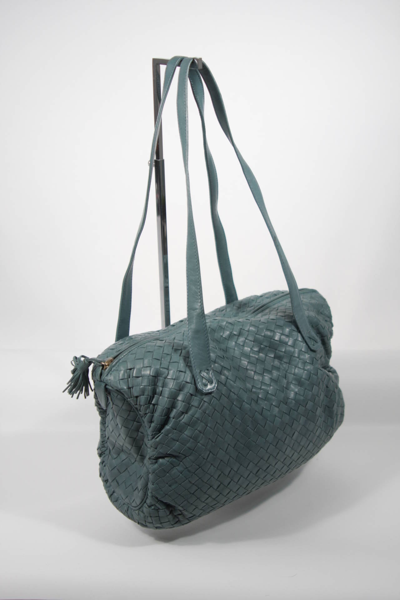 Women's Bottega Veneta Light Teal Blue Woven Barrel style Leather Handbag