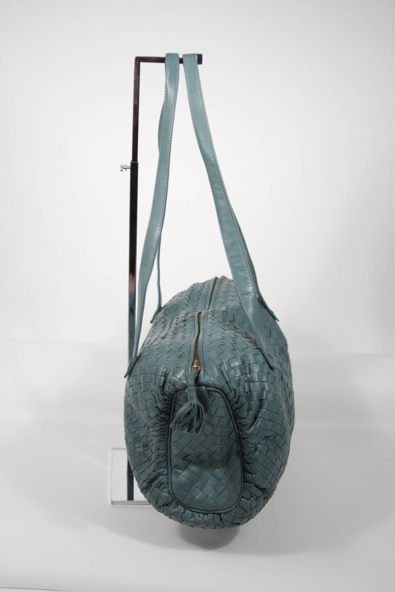 Bottega Veneta Light Teal Blue Woven Barrel style Leather Handbag 1