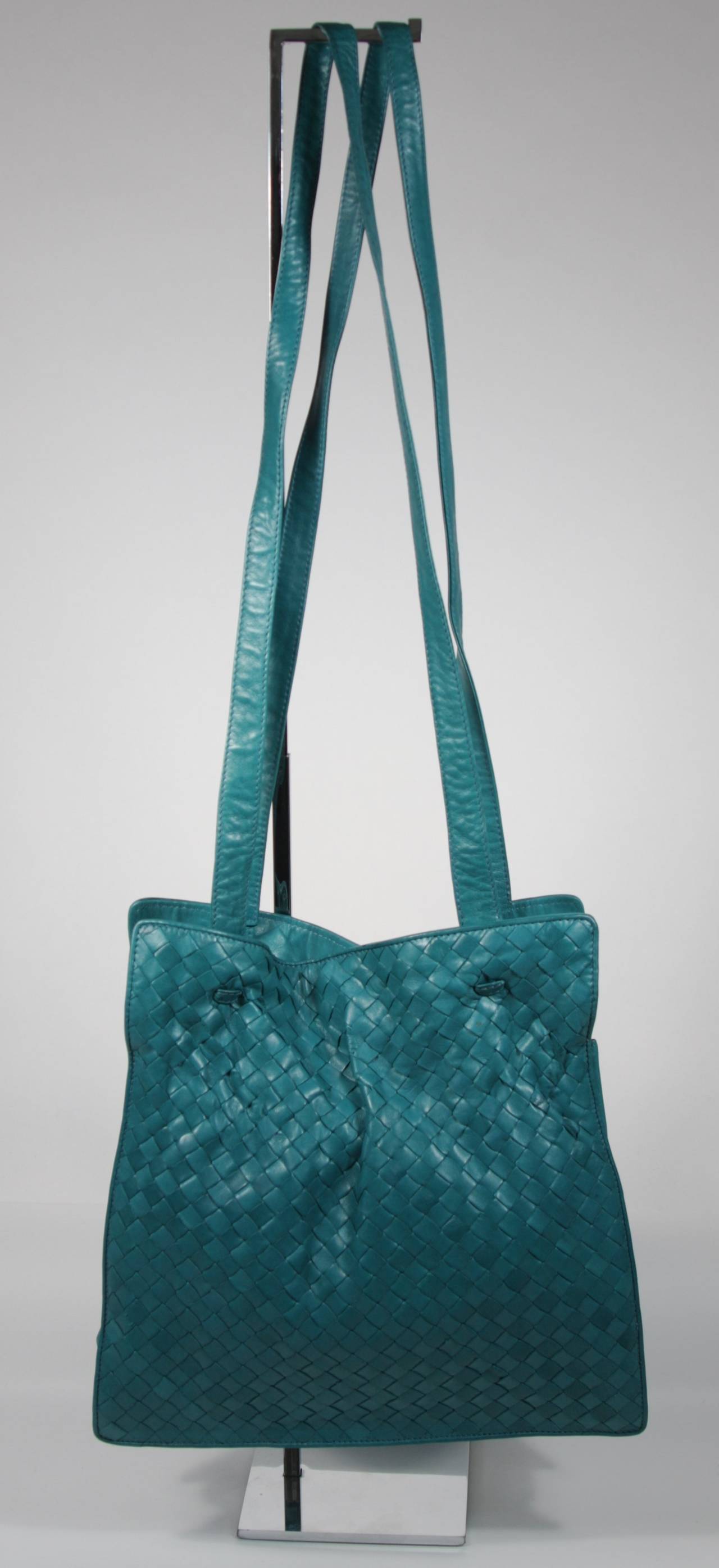 Bottega Veneta Vintage Turquoise Woven Leather Medium Shoulder Bag 1