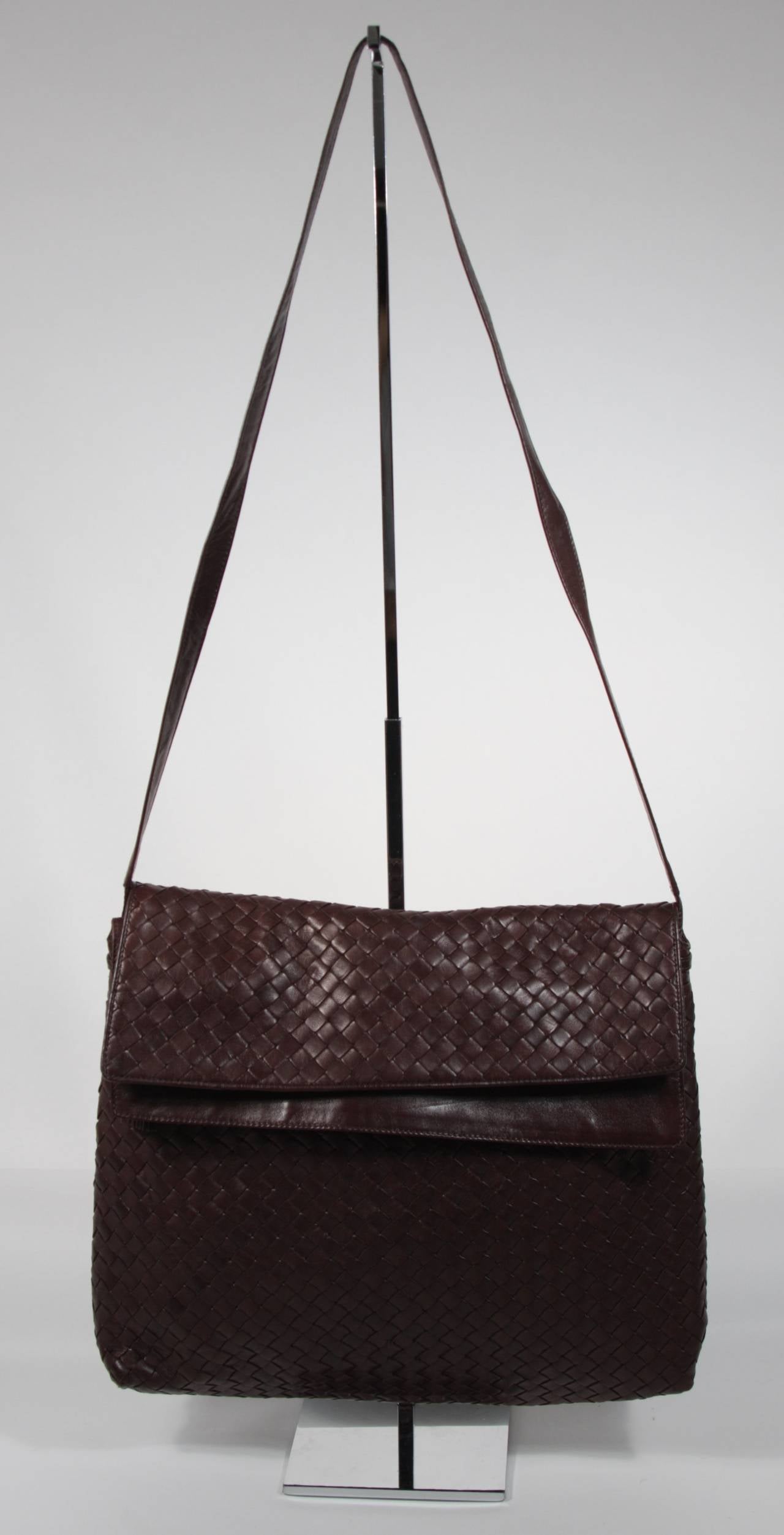 Women's Bottega Veneta Large Woven Rich Brown Vintage Leather Double Flap Handbag
