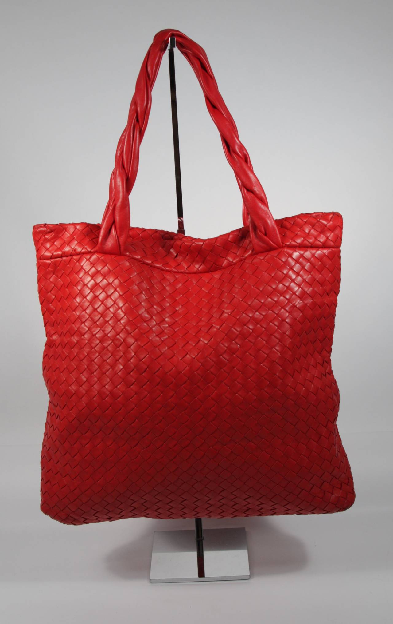 Women's Bottega Veneta Large Vintage True Red Woven Leather Tote w. Braided Straps