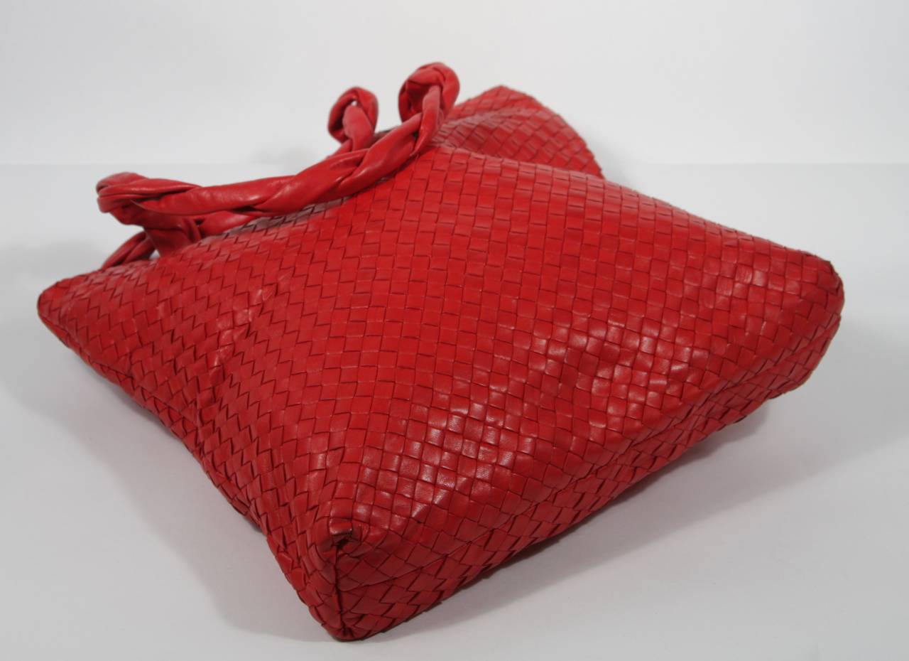 Bottega Veneta Large Vintage True Red Woven Leather Tote w. Braided Straps 4