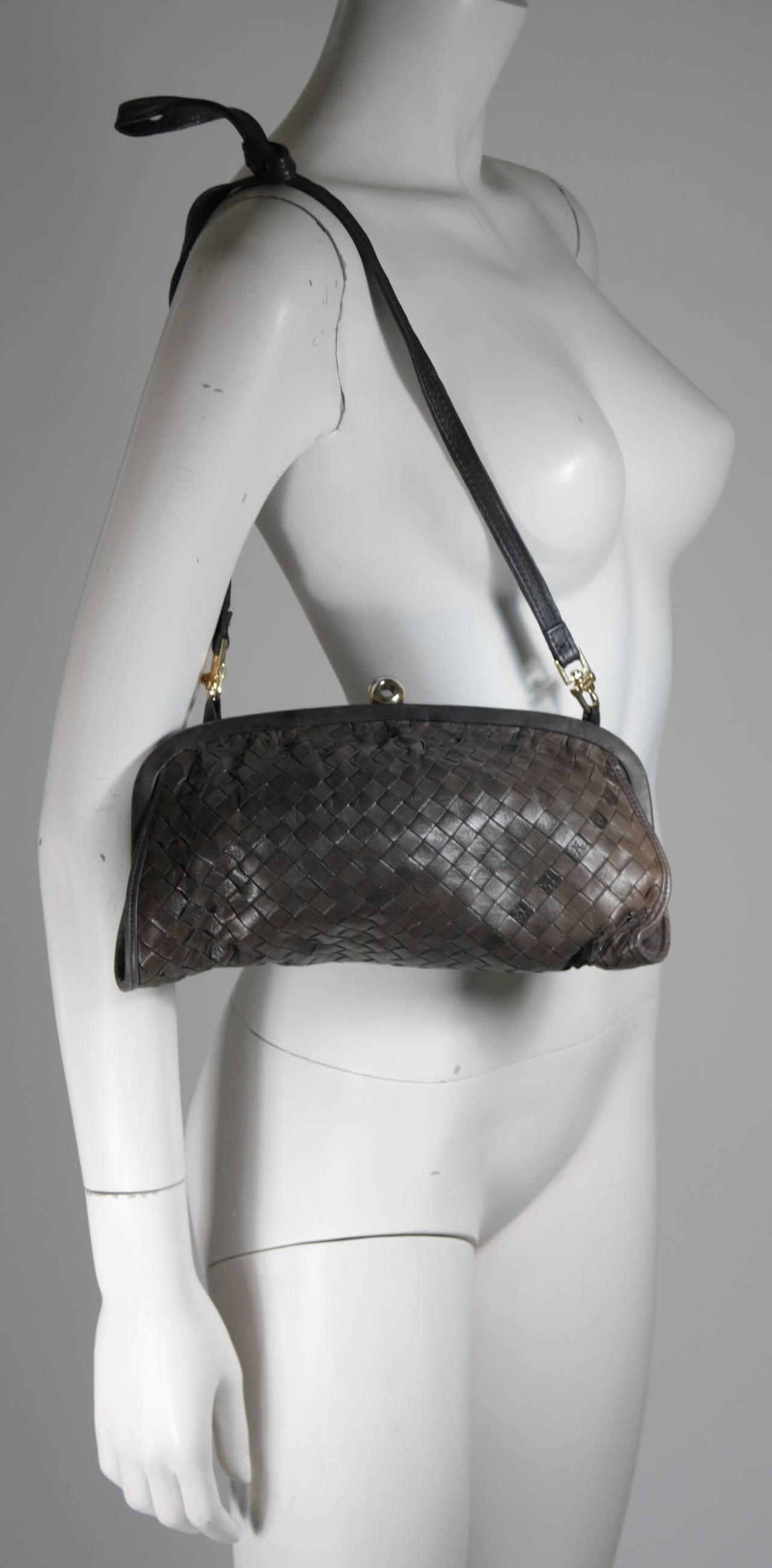 Bottega Veneta Vintage Woven Leather Clutch With Strap In Olive Drab In Excellent Condition In Los Angeles, CA