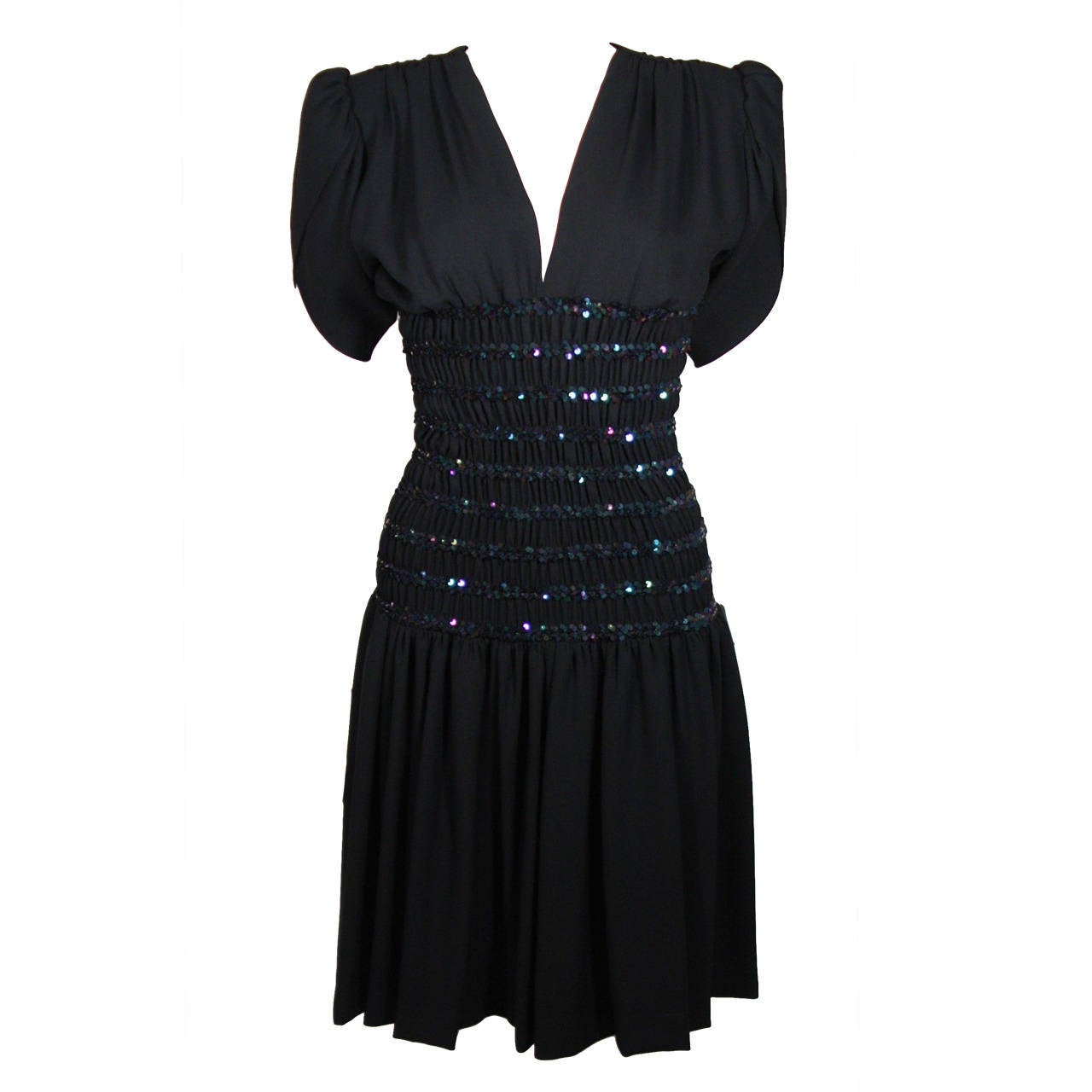 Yves Saint Laurent Black Cocktail Gown with Sequin Smocked Waist Size 38 For Sale