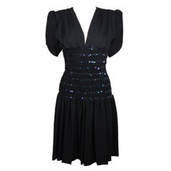 Vintage Yves Saint Laurent Black Cocktail Gown with Sequin Smocked Waist Size 38