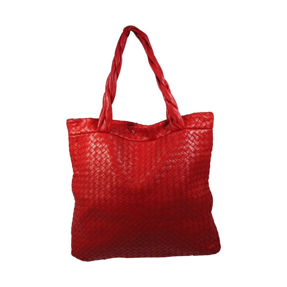 Bottega Veneta Large Vintage True Red Woven Leather Tote w. Braided Straps