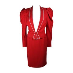Nolan Miller Red Skirt Suit with White Piping Size Small