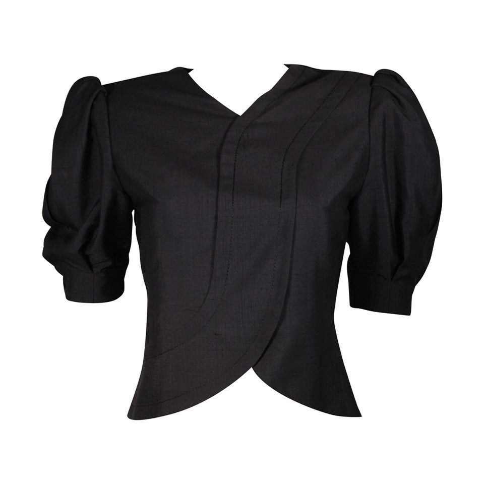Galanos Black Silk Blouse with Puffed Sleeves Size Small For Sale