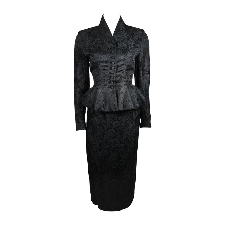 Lilli Ann Fitted Black Silk Jacquard Skirt Suit with Peplum Detail Size Small