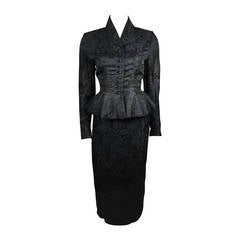 Lilli Ann Fitted Black Silk Jacquard Skirt Suit with Peplum Detail Size Small 7