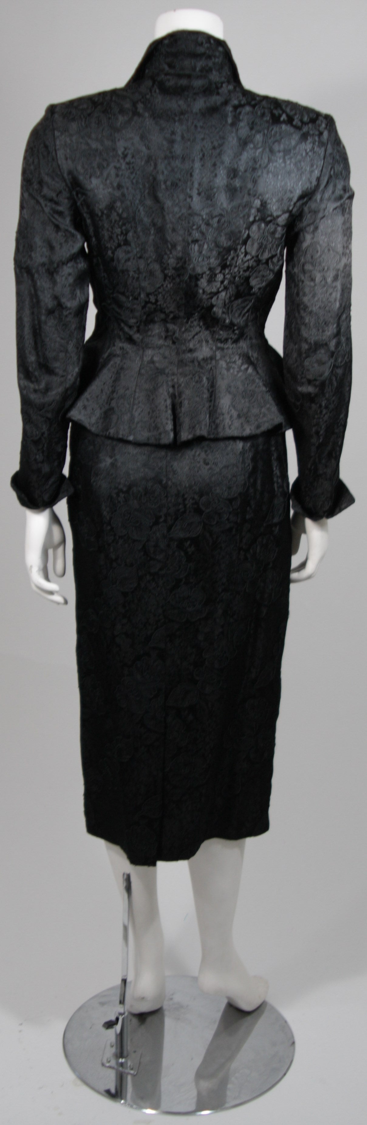 Lilli Ann Fitted Black Silk Jacquard Skirt Suit with Peplum Detail Size Small 3