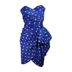 Vintage Victor Costa Royal Blue and White Polka Dot Cocktail Dress Size 8