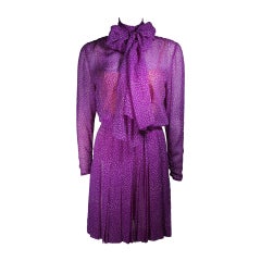 Givenchy Couture Purple Silk Chiffon Dress with Wrap Collar and Belt Size Small