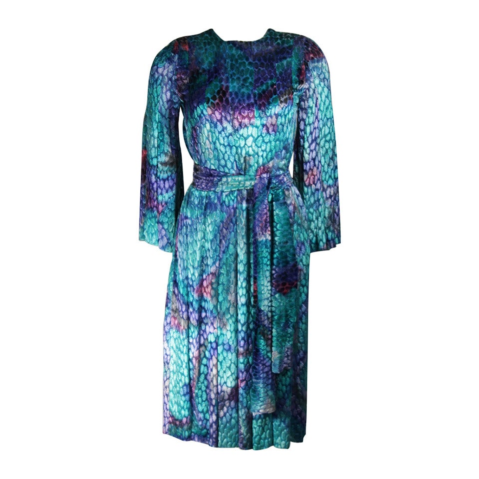 Pauline Trigere Turquoise Multi Color Velvet Burn Out Dress Size Small Medium For Sale