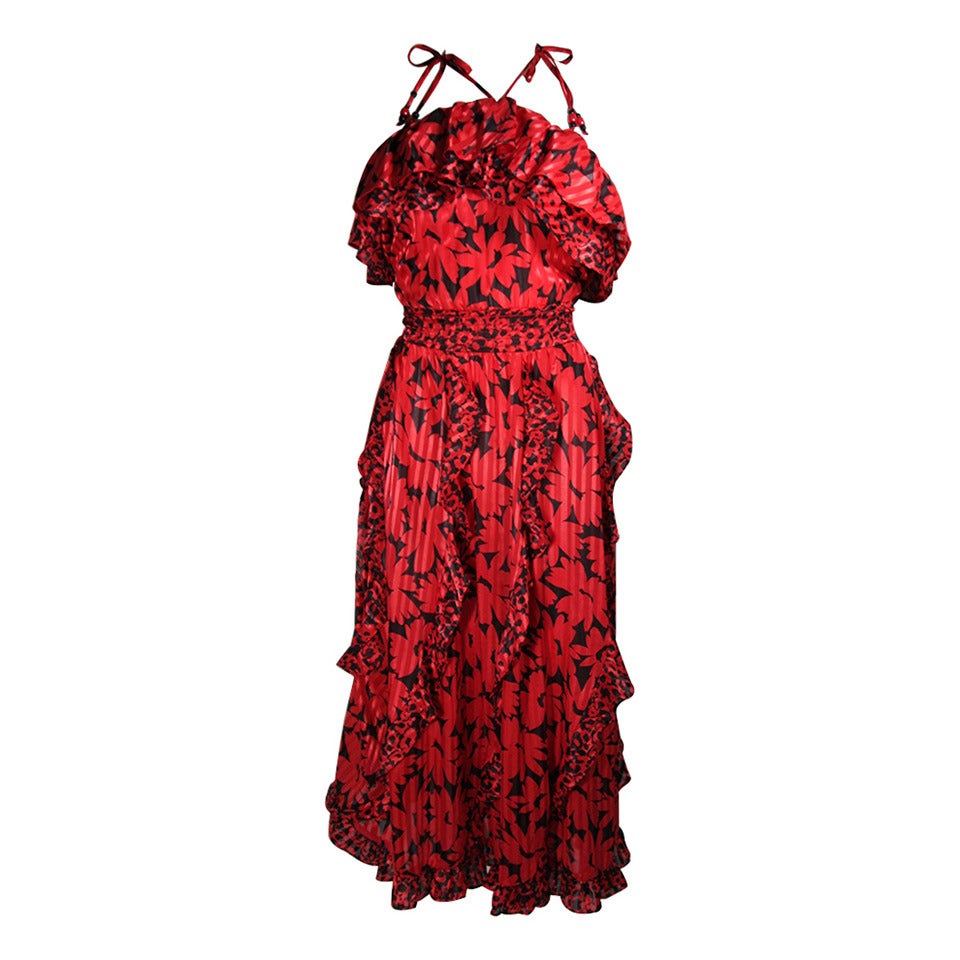 Birgitta Beverly Hills Red and Black Ruffled Sun Dress with Shawl Size Large
