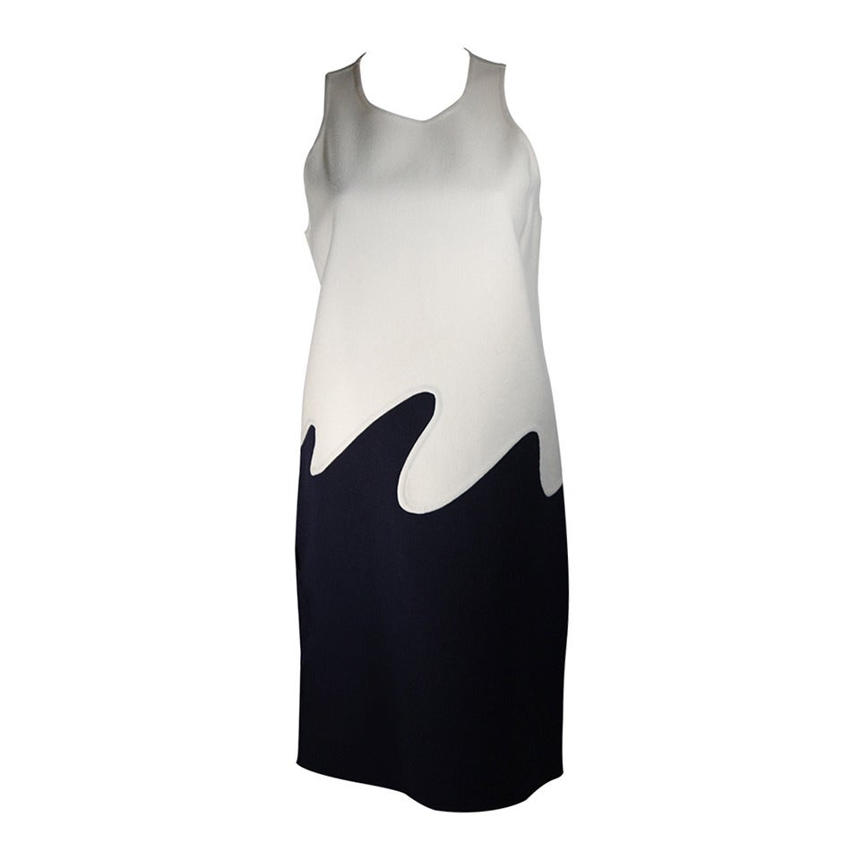 1960's Creme und Navy Wolle 'Wave' Kleid Größe Small im Angebot