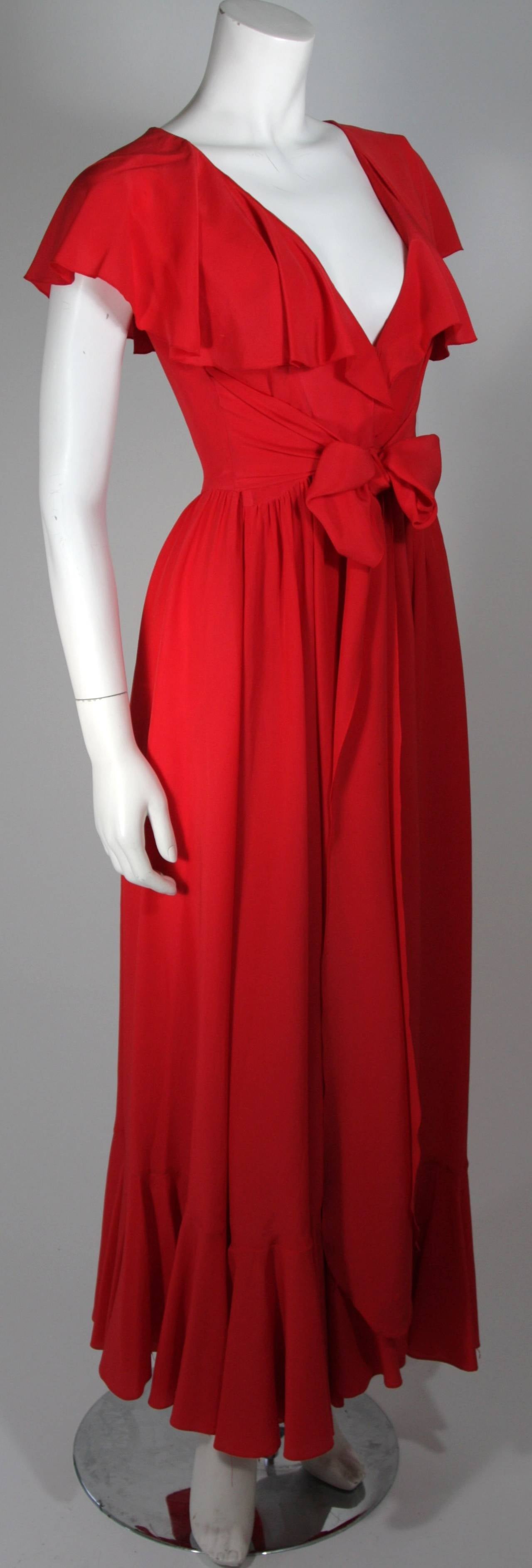 Oscar De La Renta Red Silk Flutter Neckline Wrap Waist & Ruffle Hem Dress Size 6 1