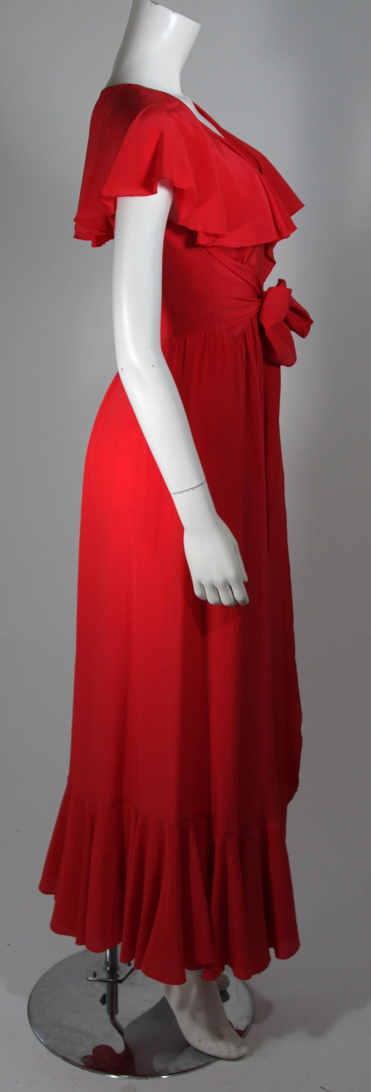 Oscar De La Renta Red Silk Flutter Neckline Wrap Waist & Ruffle Hem Dress Size 6 2