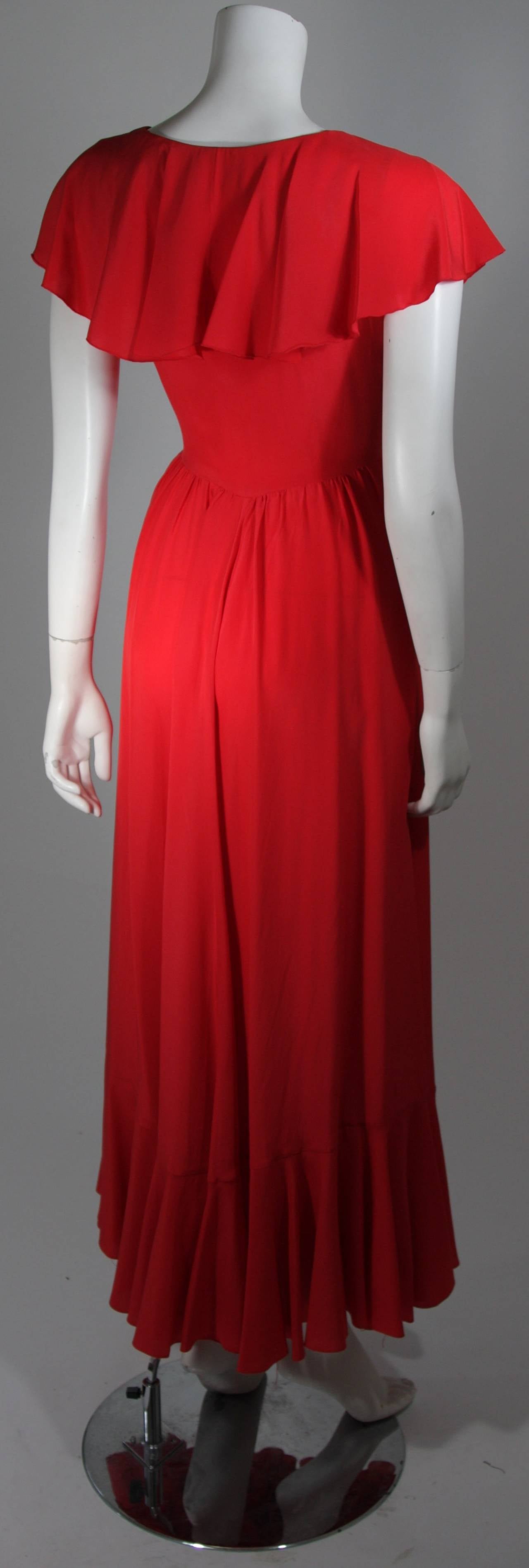 Oscar De La Renta Red Silk Flutter Neckline Wrap Waist & Ruffle Hem Dress Size 6 3