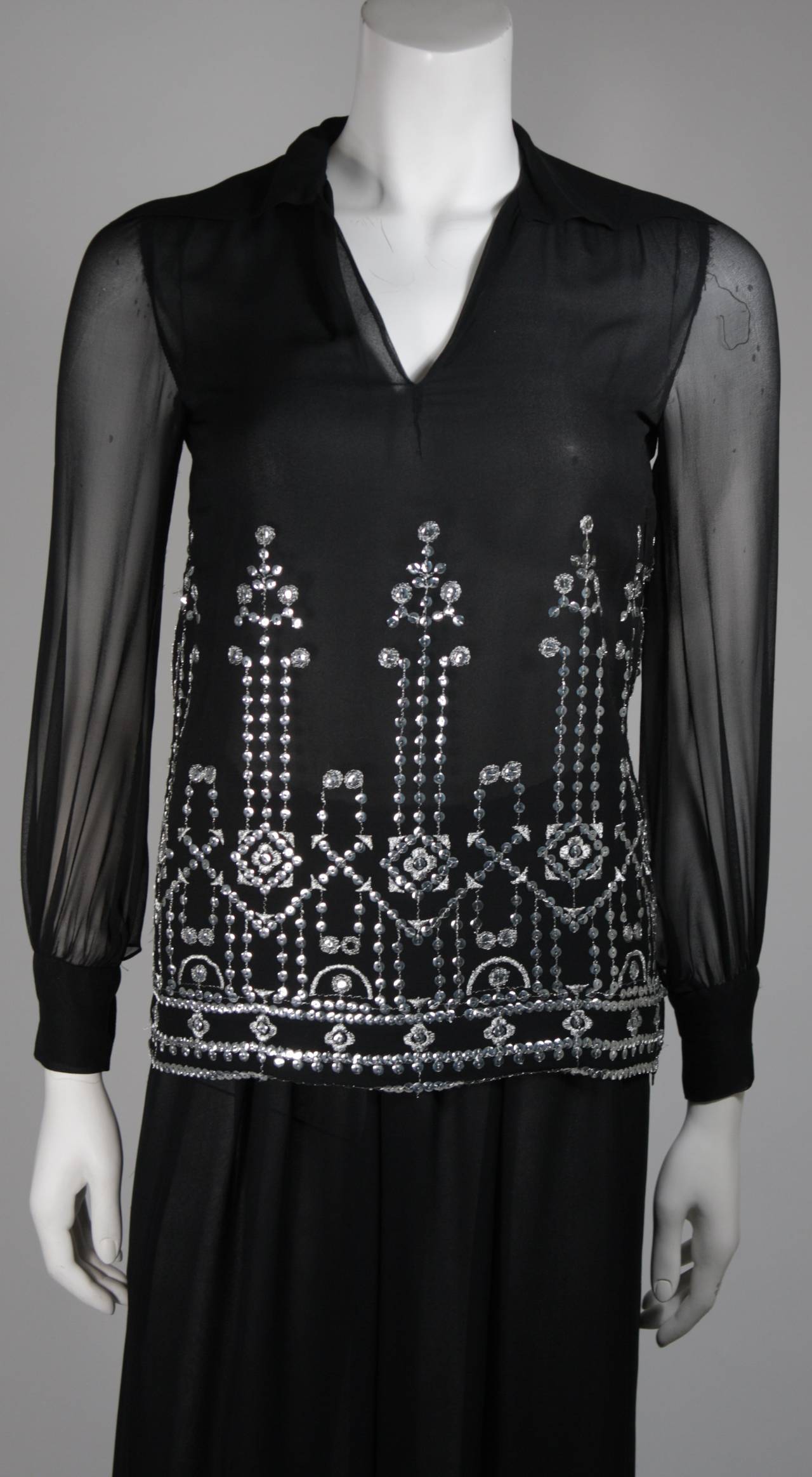 Christian Dior Embellished Black Chiffon Tunic Ensemble with Slacks Size Small In Excellent Condition In Los Angeles, CA