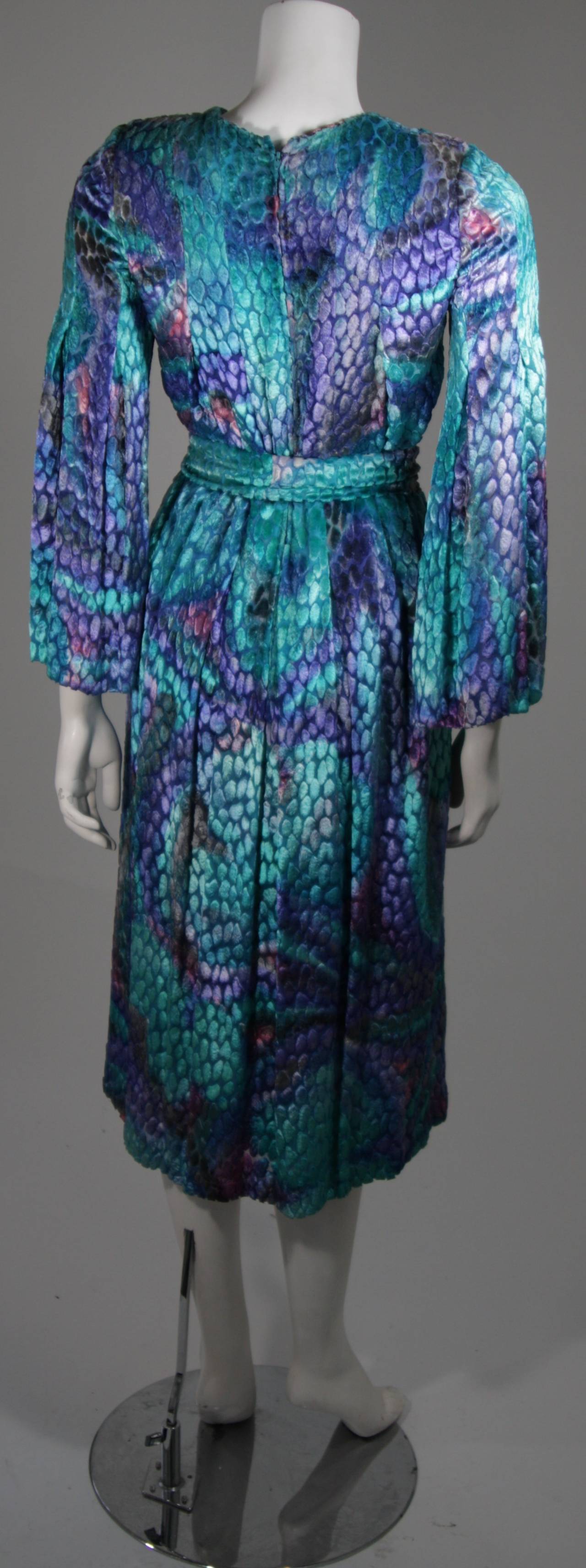Women's Pauline Trigere Turquoise Multi Color Velvet Burn Out Dress Size Small Medium For Sale