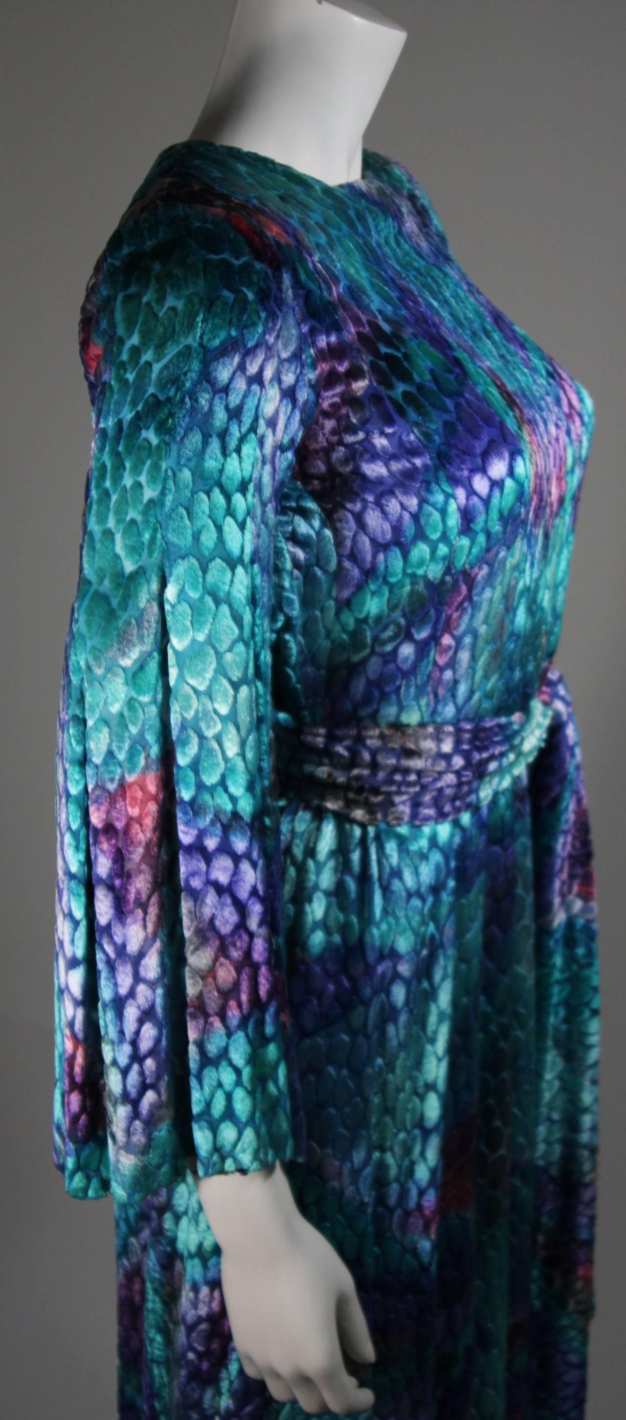 Blue Pauline Trigere Turquoise Multi Color Velvet Burn Out Dress Size Small Medium For Sale