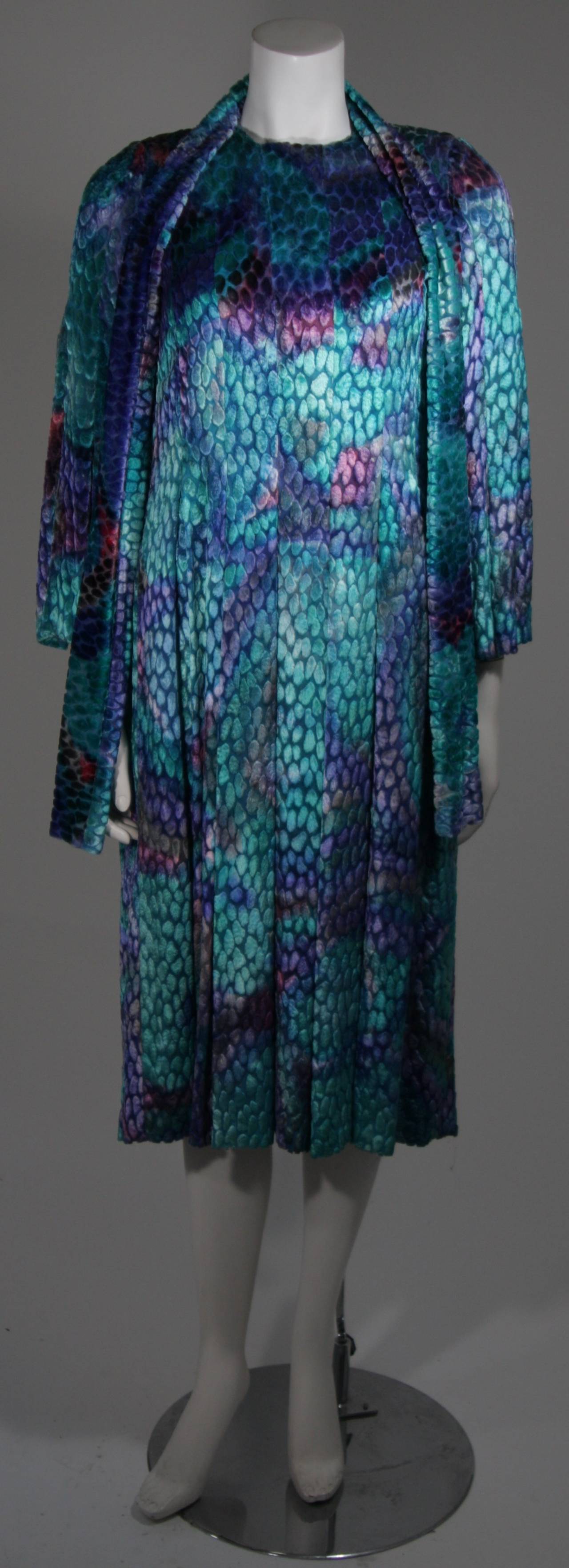 Pauline Trigere Turquoise Multi Color Velvet Burn Out Dress Size Small Medium For Sale 1