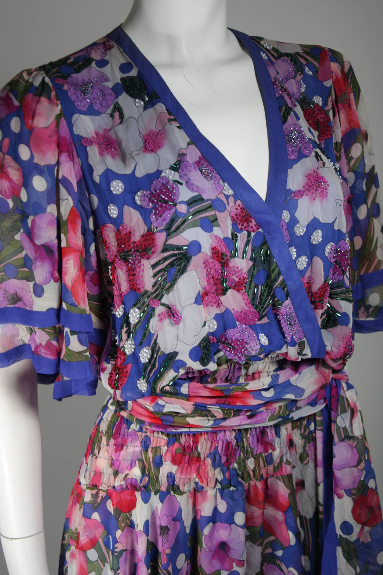 Diane Freis Floral Blue Silk Chiffon Maxi with Beading Size Medium 1