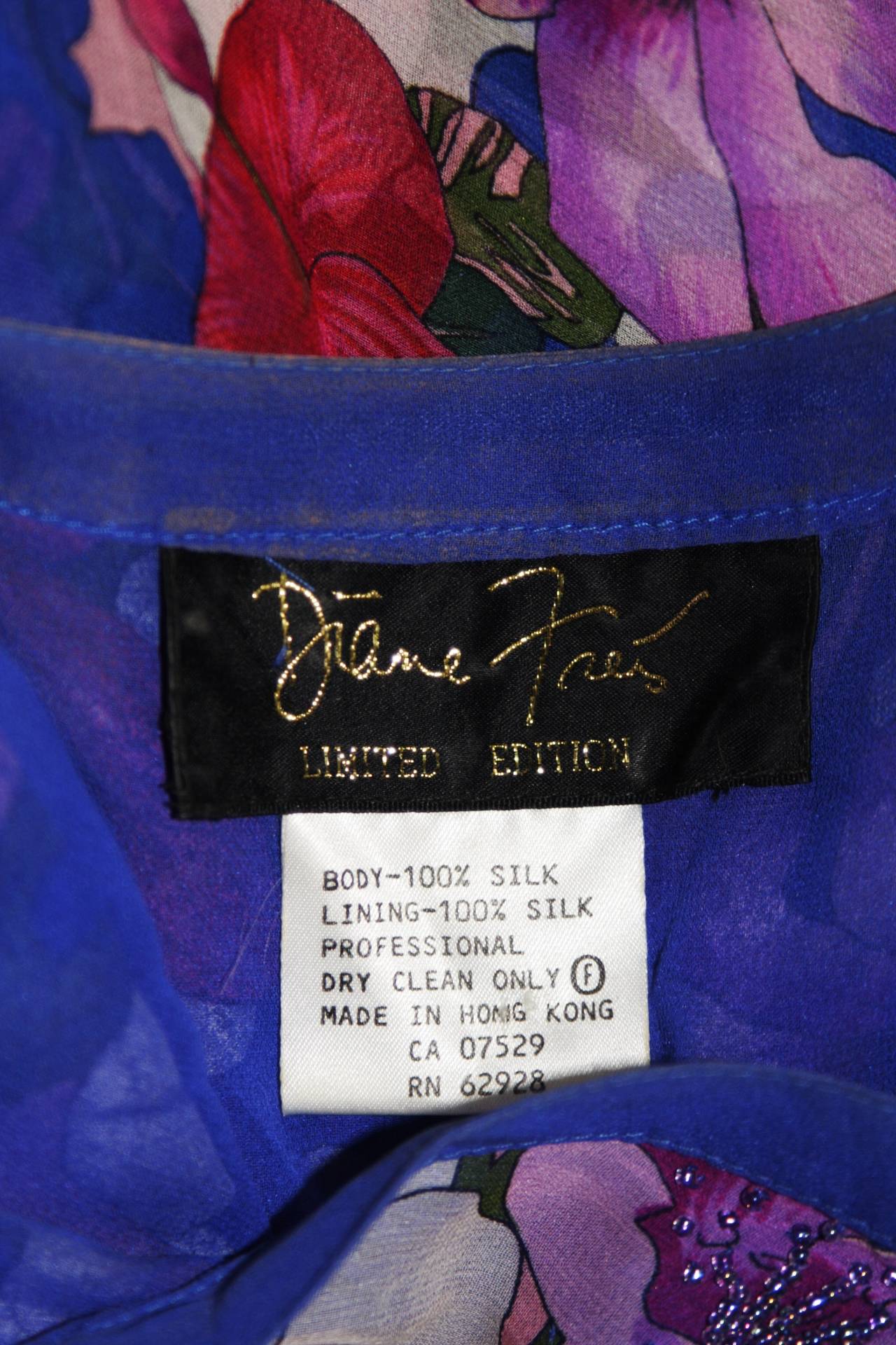 Diane Freis Floral Blue Silk Chiffon Maxi with Beading Size Medium 6