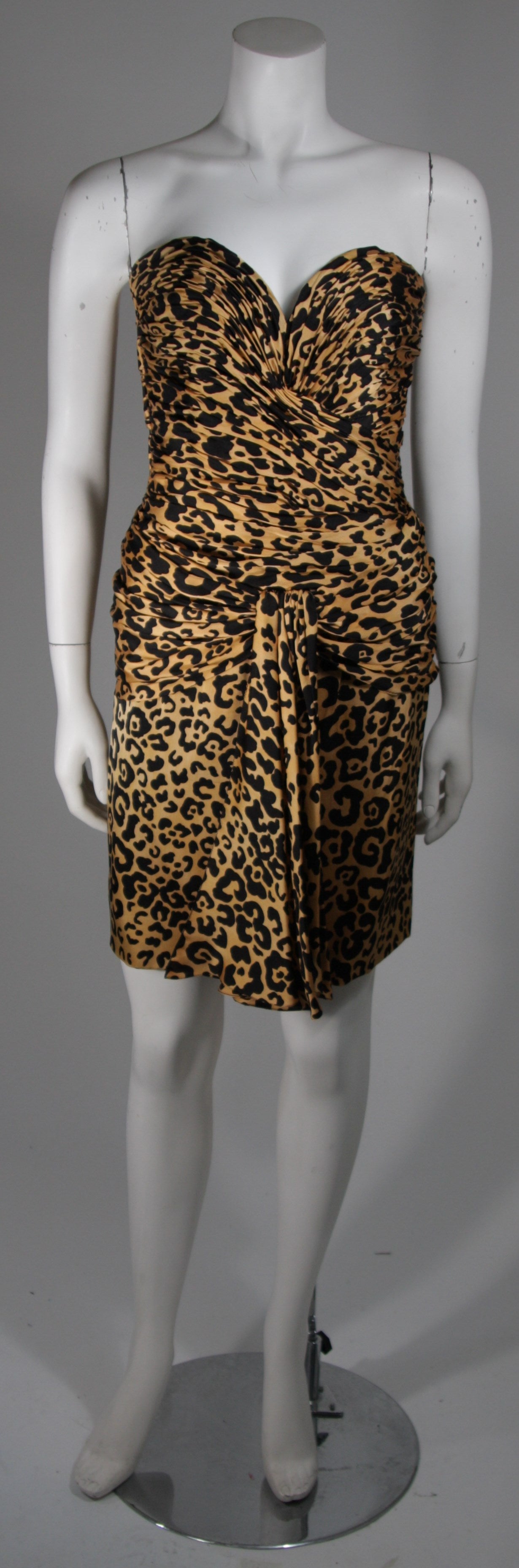 Black Vicky Tiel Silk Animal Print Bustier Dress with Capelet Size Small