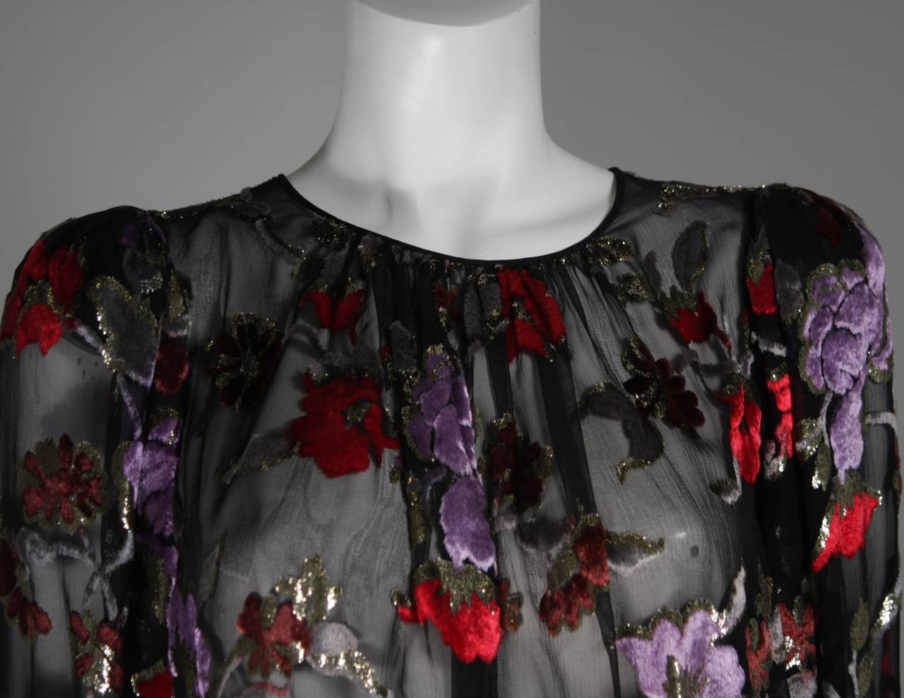 Oscar de la Renta Sheer Black Silk Blouse w. Multi-color Velvet & Lurex Flowers In Excellent Condition In Los Angeles, CA