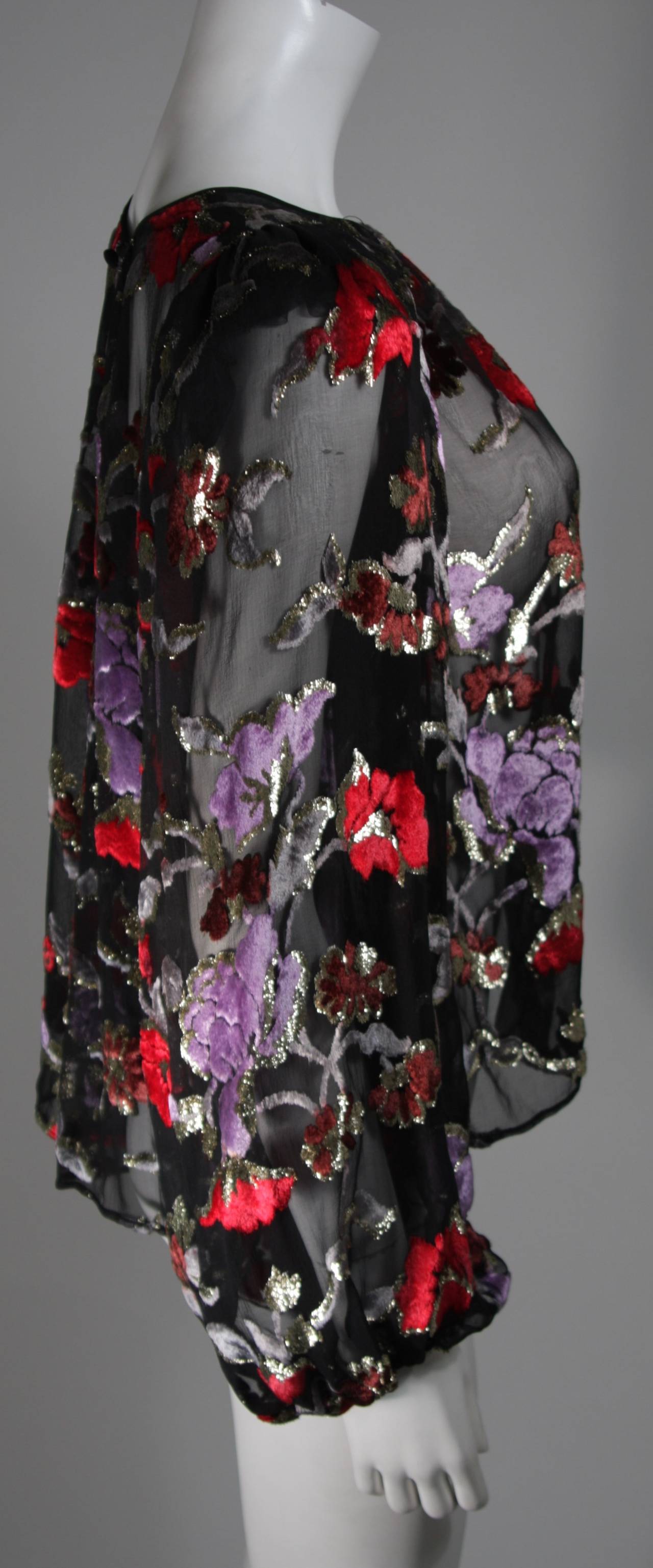 Oscar de la Renta Sheer Black Silk Blouse w. Multi-color Velvet & Lurex Flowers 1