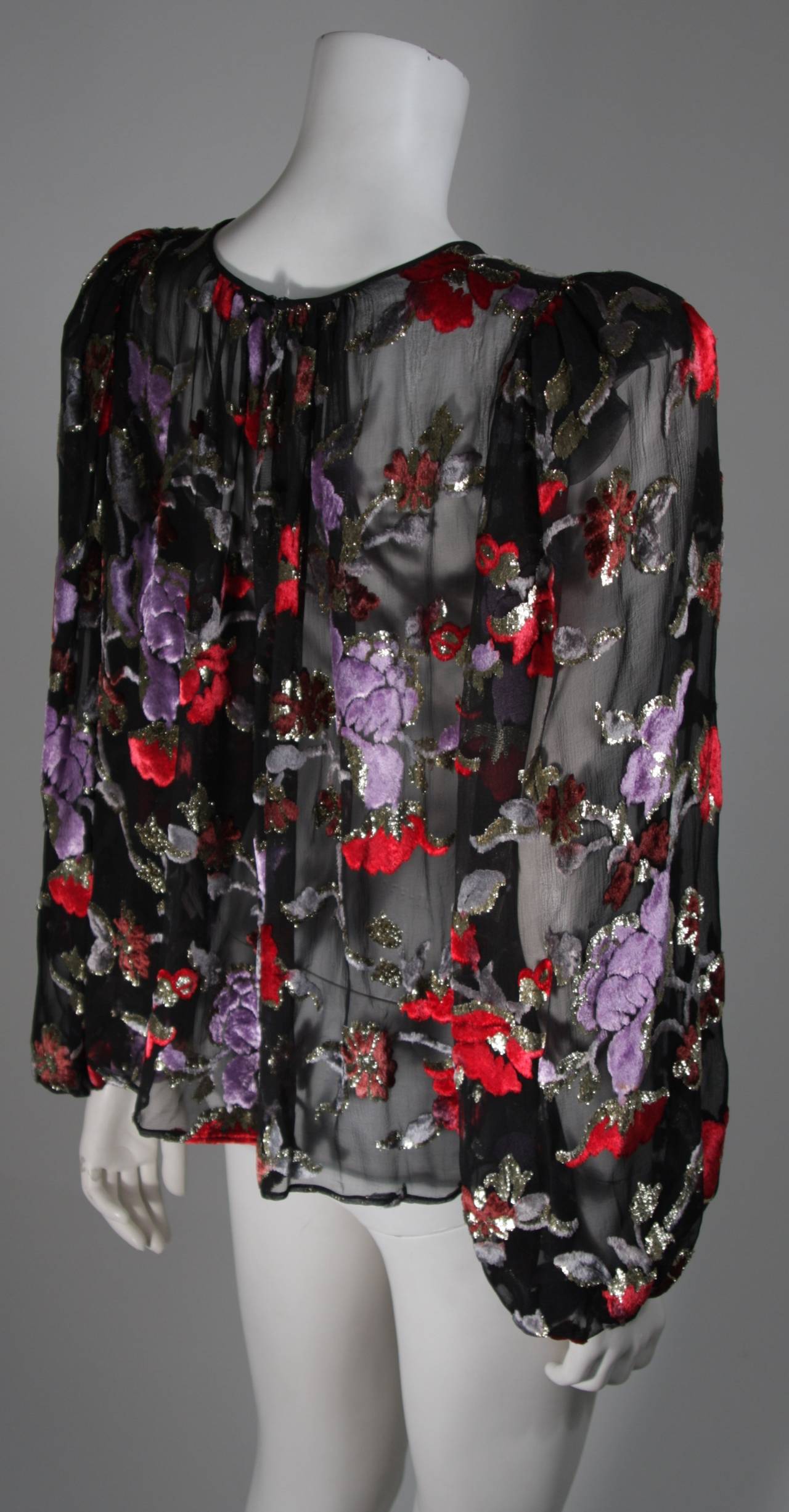 Oscar de la Renta Sheer Black Silk Blouse w. Multi-color Velvet & Lurex Flowers 2