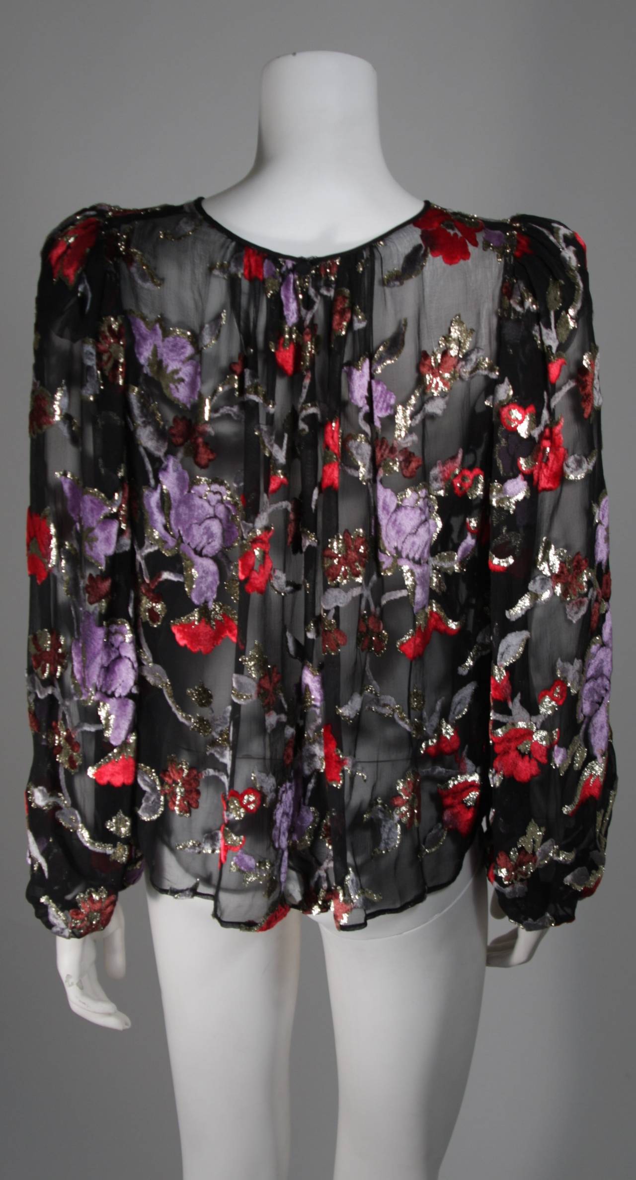 Oscar de la Renta Sheer Black Silk Blouse w. Multi-color Velvet & Lurex Flowers 3