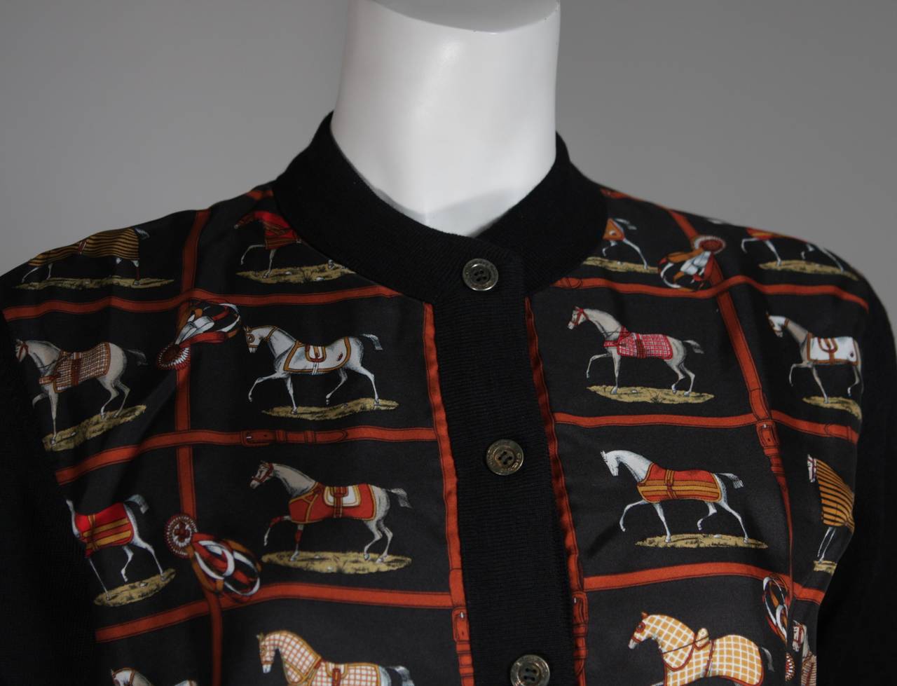 Women's Hermes Black Checkerboard Racehorse Print Silk & Wool Cardigan Sweater 46