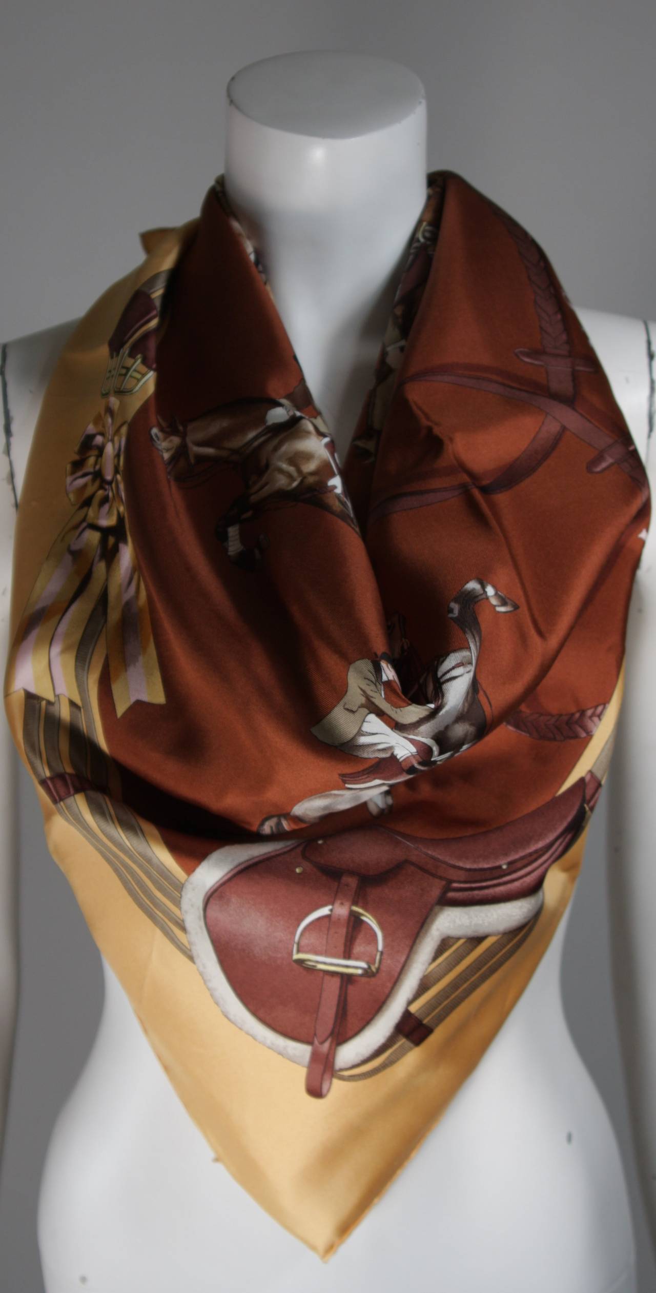 Hermes Jumping Equestrian Print Earthtone Silk Twill Scarf by LE DOUX w. Box In Excellent Condition In Los Angeles, CA
