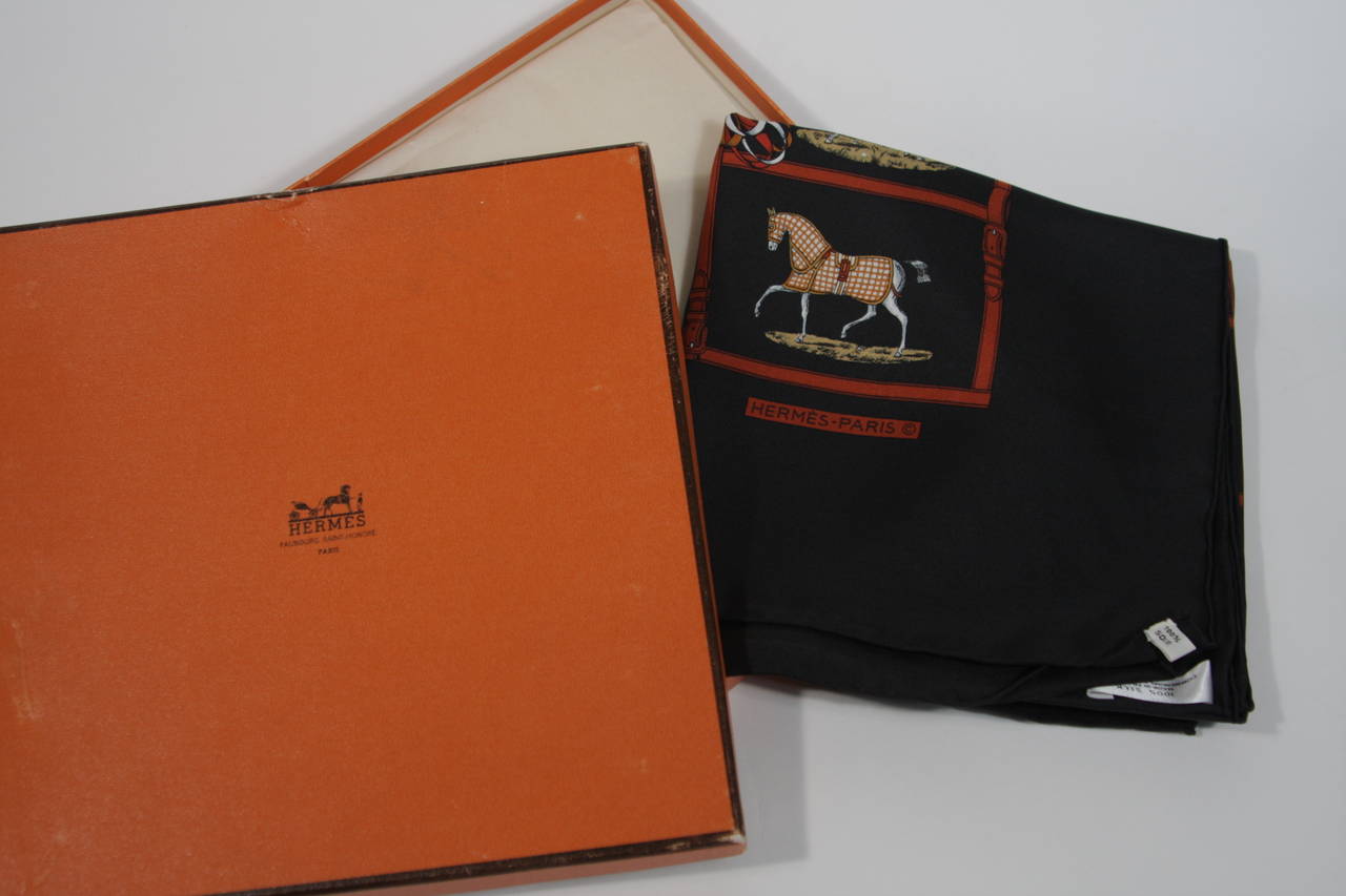 Women's Hermes Black Multi-Color Silk Twill Scarf with Race Horses Ribbon and Tack
