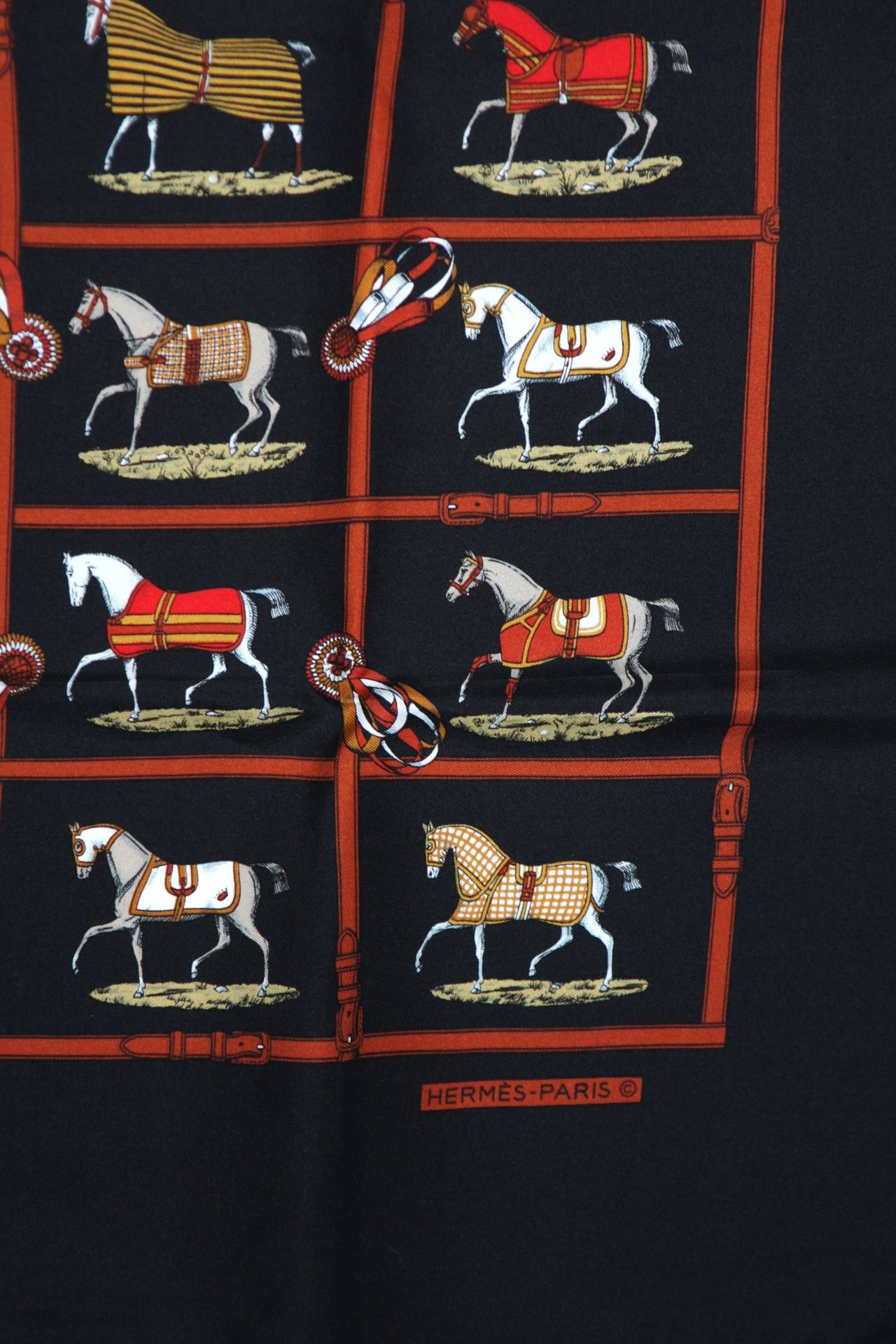Hermes Black Multi-Color Silk Twill Scarf with Race Horses Ribbon and Tack In Excellent Condition In Los Angeles, CA