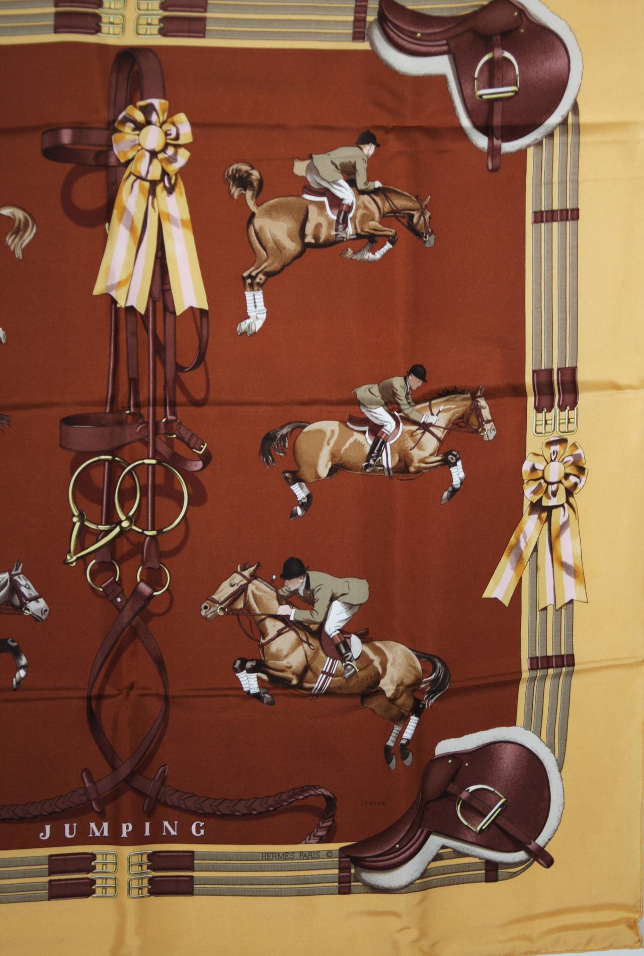 Hermes Jumping Equestrian Print Earthtone Silk Twill Scarf by LE DOUX w. Box 1