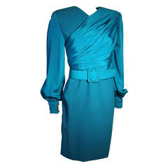 1990's GALANOS Turquoise Silk Long Sleeve Dress