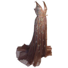 Dennis Basso Mocha Tüll mit Silberperlen & Pailletten Seide gefüttert Abendkleid