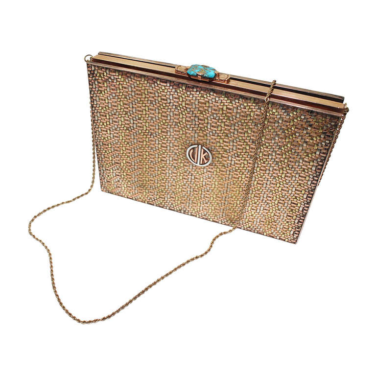 Cartier 1940's 14 kt Gold tri-color woven body with a turquoise clasp clutch