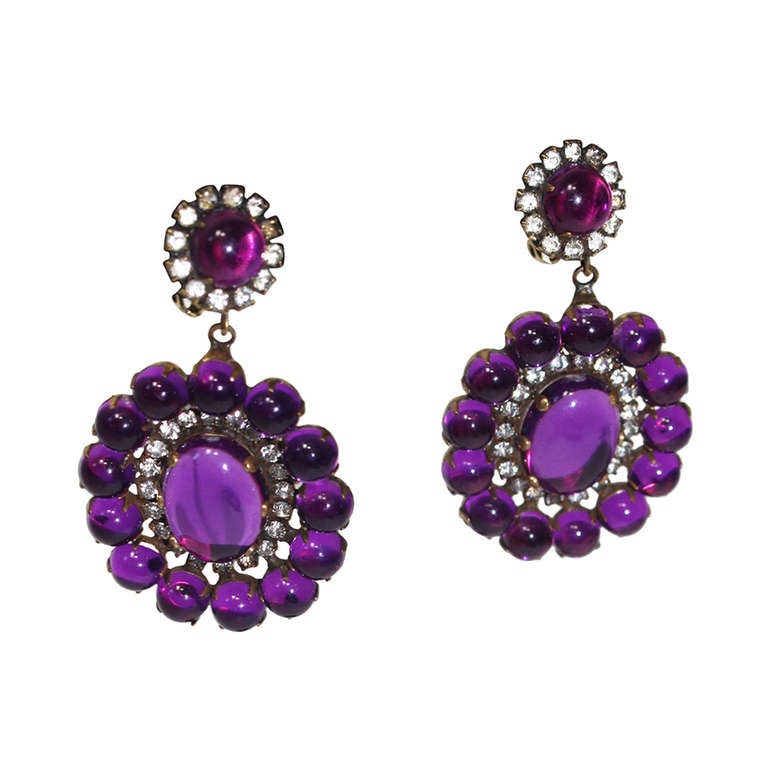 Kenneth Jay Lane Large Purple and Rhinestone Clip Earrings For Sale